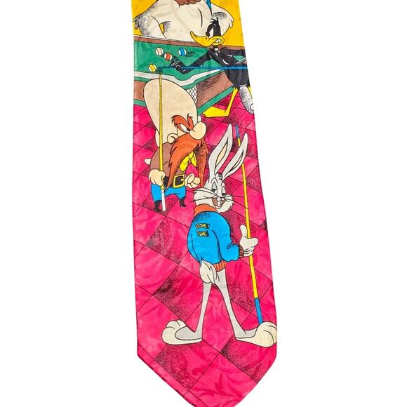 Vtg Looney Tunes Silk Tie Playing Pool Bugs Daffy Foghorn Yosemite 1992 Italy - Picture 4 of 6